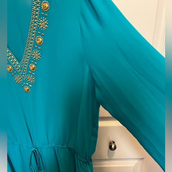 🟡MICHAEL KORS LOVED AUTHENTIC TEAL EMBELLISHED TUNIC V-NECK EMBELLISHED BLOUSE - Picture 9 of 14
